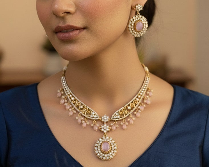 Gold-Plated Antique Filigree Choker Set with Rose Pink Stones & Pearl Drops