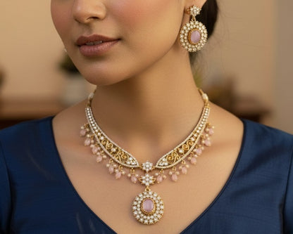 Gold-Plated Antique Filigree Choker Set with Rose Pink Stones & Pearl Drops