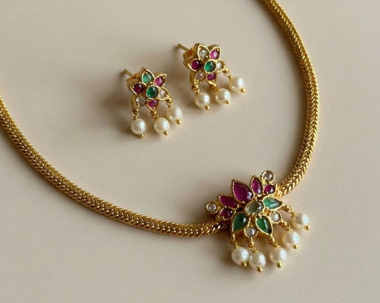 Gold Plated Ruby & Emerald Floral Pendant Necklace Set with Pearl Drops