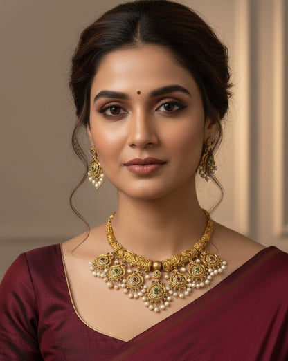 Antique Gold-Plated Peacock Motif Hasli Necklace Set with Kemp Stones and Pearl Droplets