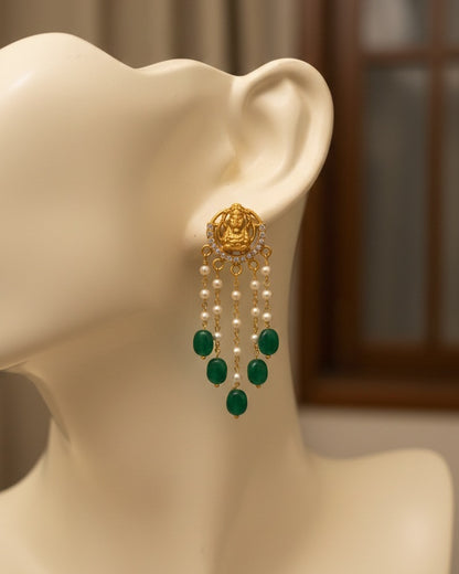 Gold-Plated Lakshmi Temple Drop Earrings with Tiered Pearls and  Beads