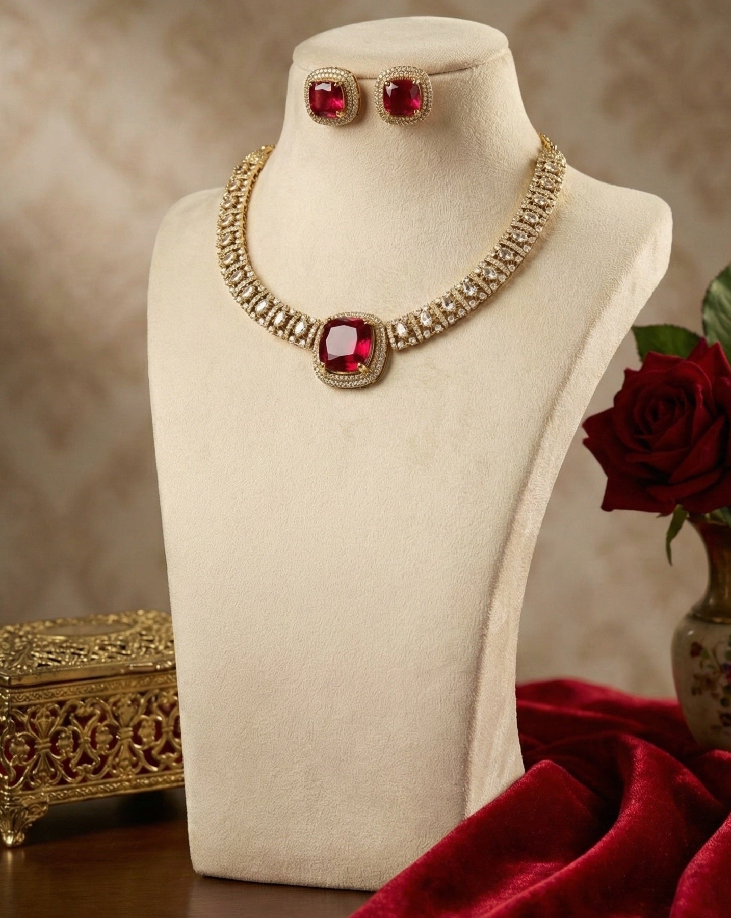 Royal Ruby Red American Diamond (AD) Choker Necklace Set with Matching Stud Earrings – Gold Plated