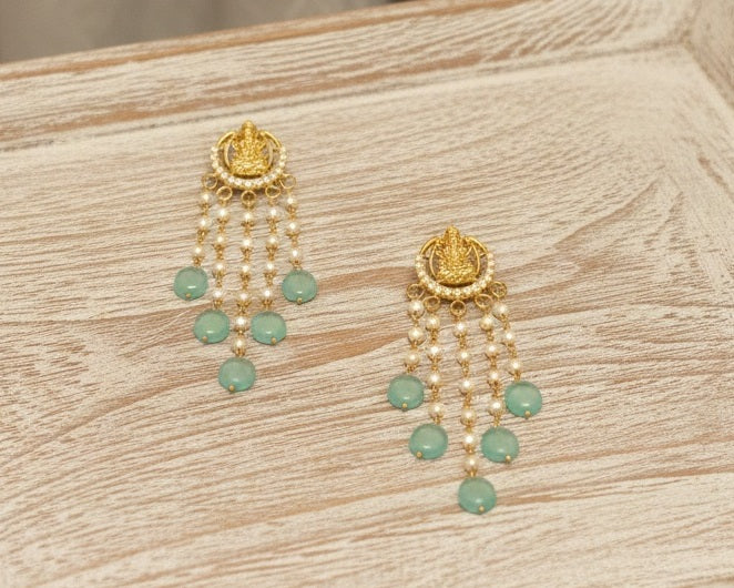 Gold-Plated Lakshmi Temple Earrings with Multi-Strand Pearls and Drops