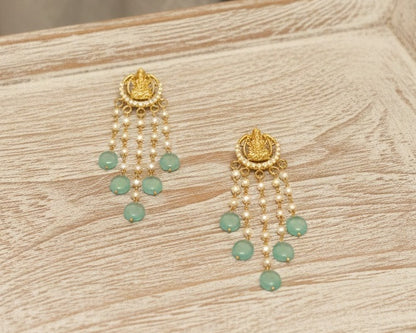 Gold-Plated Lakshmi Temple Earrings with Multi-Strand Pearls and Drops