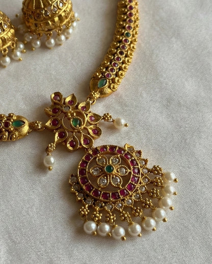 Antique Matte Gold Floral Necklace Set with Ruby & Green Kemp Stones and Pearl Drop Jhumkas | Traditional Temple Jewellery