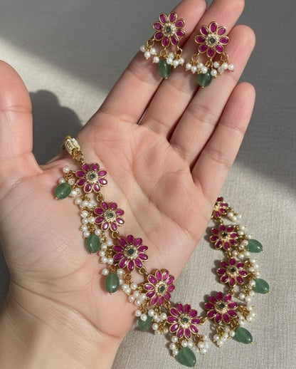 Gold-Plated Floral jadau Kundan Necklace Set with Ruby Pink Petals & Mint Green Beads