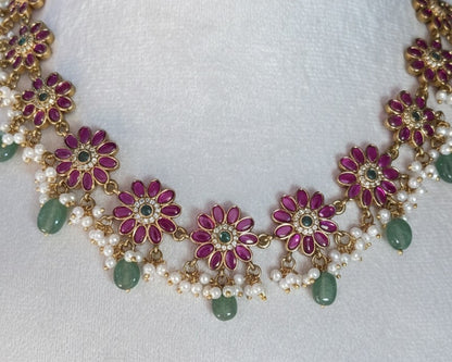 Gold-Plated Floral jadau Kundan Necklace Set with Ruby Pink Petals & Mint Green Beads