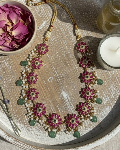 Gold-Plated Floral jadau Kundan Necklace Set with Ruby Pink Petals & Mint Green Beads