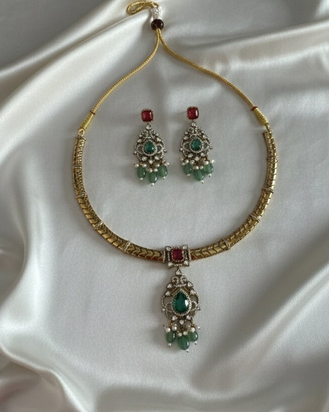 Royal Gold-Plated Statement Choker Set with Ruby Red Accents & Emerald Green Drops