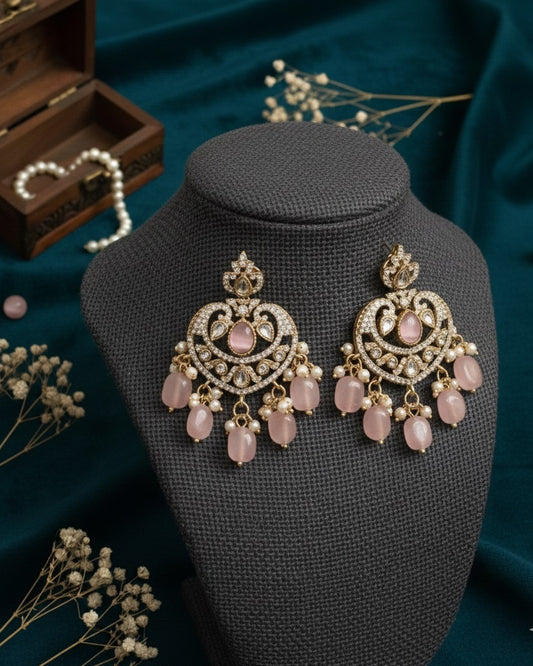 Victorian Rose Pink Chandbali Earrings with Antique Stone Work