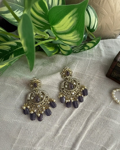 Victorian Lavender Purple Chandbali Earrings with Polki & Pearl Drops