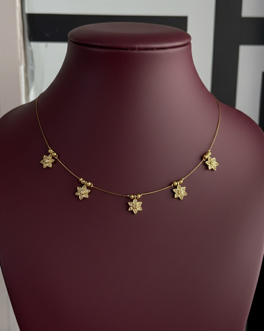 Gold-Tone Floating Flower Charm Necklace - Dainty Floral Invisible Wire Choker