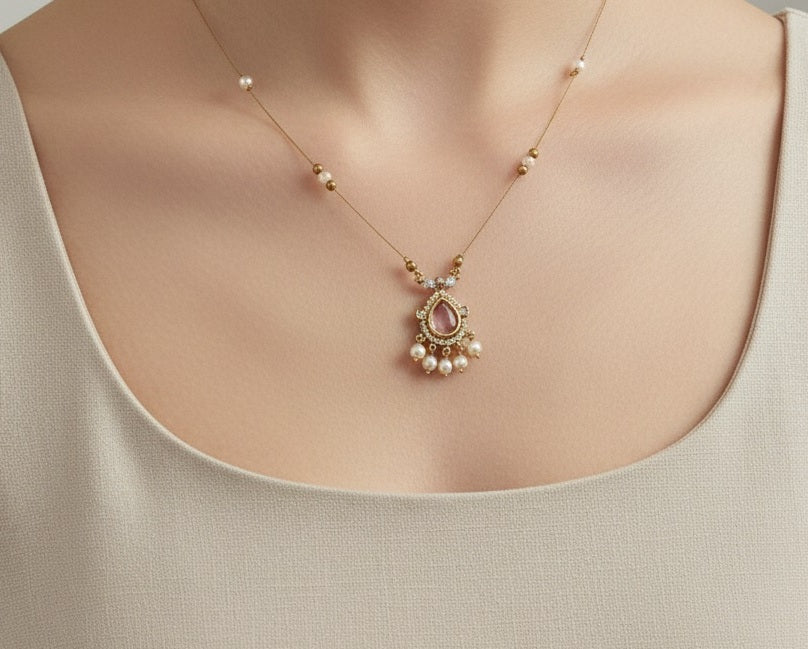 Rose Pink Teardrop & Pearl Drop Invisible Necklace – Gold-Toned Floating Chain