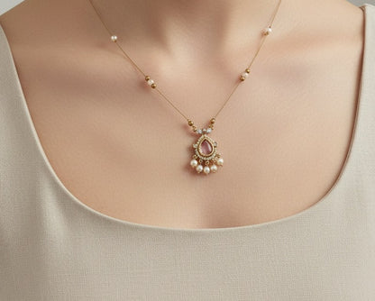 Rose Pink Teardrop & Pearl Drop Invisible Necklace – Gold-Toned Floating Chain