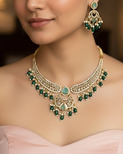 Royal Gold-Plated Kundan Choker Set with Amethyst Purple Accents & Emerald Green Beads