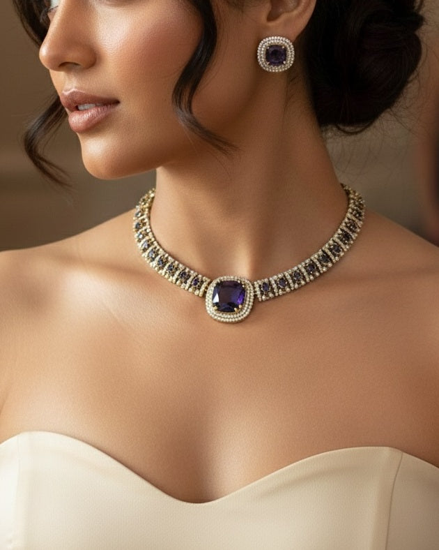 Elite Gold-Plated Cushion-Cut Sapphire royal purple Statement Choker & Earring Set