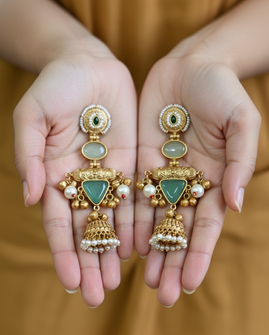 Kashmiri Noor Jhumkas – Handcrafted Filigree Drop Earrings with Seed Pearls