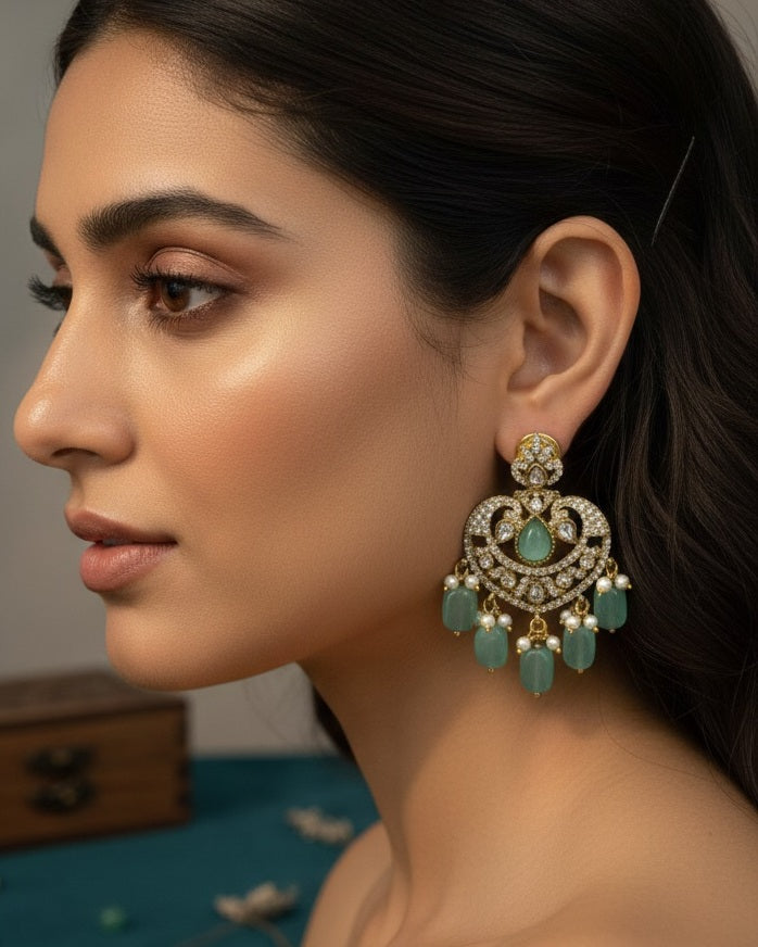 Victorian Mint Green Chandbali Earrings with Polki & Pearl Drops