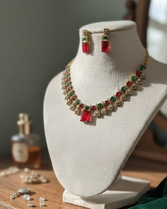 Royal Antique Gold Choker Set with Emerald-Cut Ruby Pink & Kundan Accents