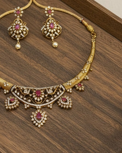 Gold-Plated Antique Filigree Choker Set with Ruby Pink Stones & Crystal Accents