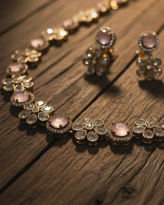 Blush Pink Rose Quartz Style Floral Necklace & Earring Set with Polki Accents