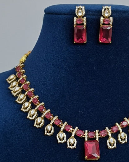 Royal Antique Gold Choker Set with Emerald-Cut Ruby Pink & Kundan Accents