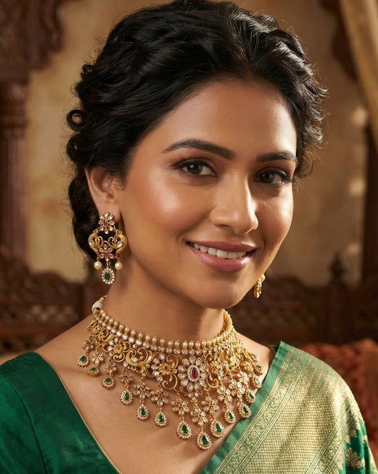 Ratna Riwaz Antique Matte Gold Finish Kundan Choker Set with Green & Ruby Stones | Premium Bridal Jewellery
