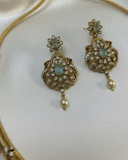 Gold-Plated Antique Filigree Choker Set with Mint Green Stones & Crystal Accents