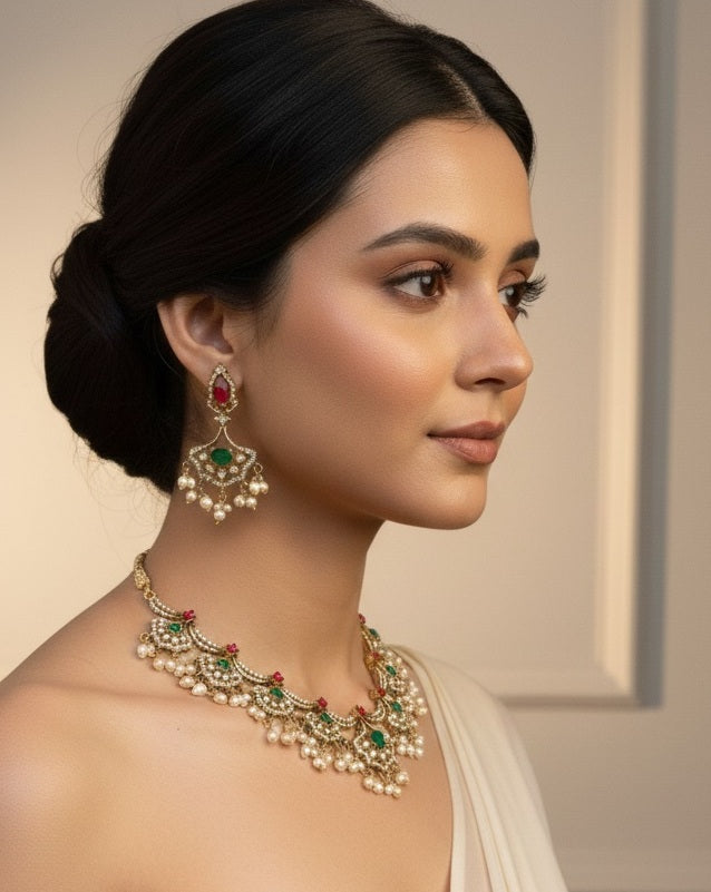 Gold-Plated Kundan Crescent Choker Set with Ruby Red Beads & Emerald Green Stones