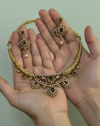 Gold-Plated Antique Filigree Choker Set with Royal Purple Stones &amp; Crystal Accents