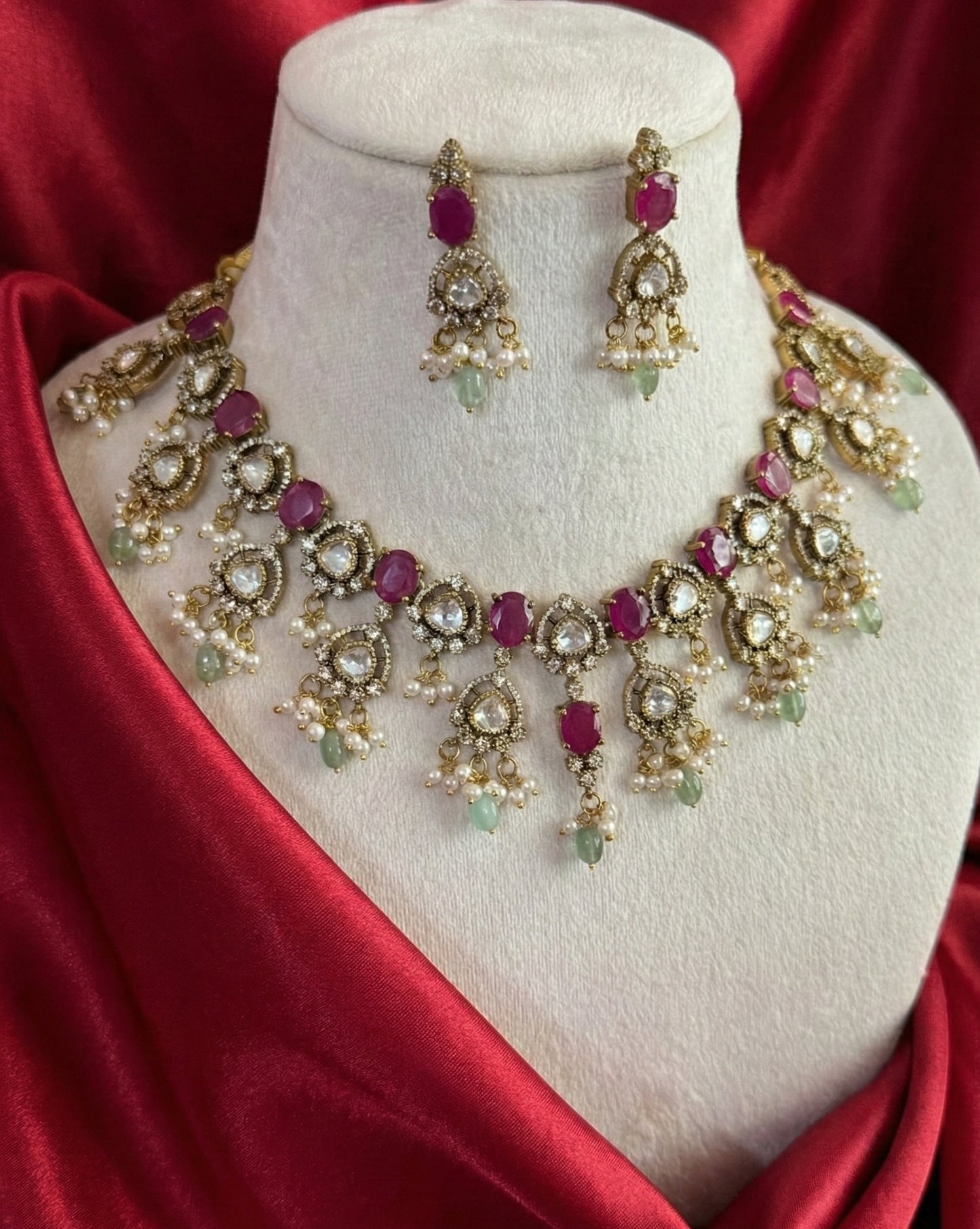Ruby Red Monalisa & Polki Kundan Necklace Set with Mint Drops | Antique Gold Finish