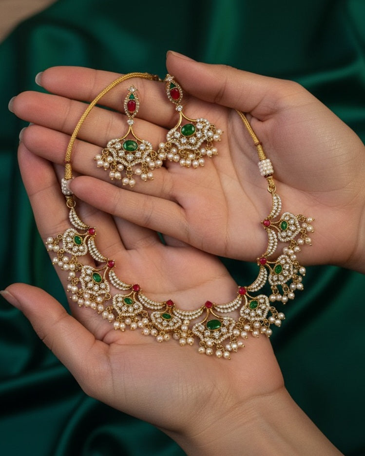 Gold-Plated Kundan Crescent Choker Set with Ruby Red Beads & Emerald Green Stones