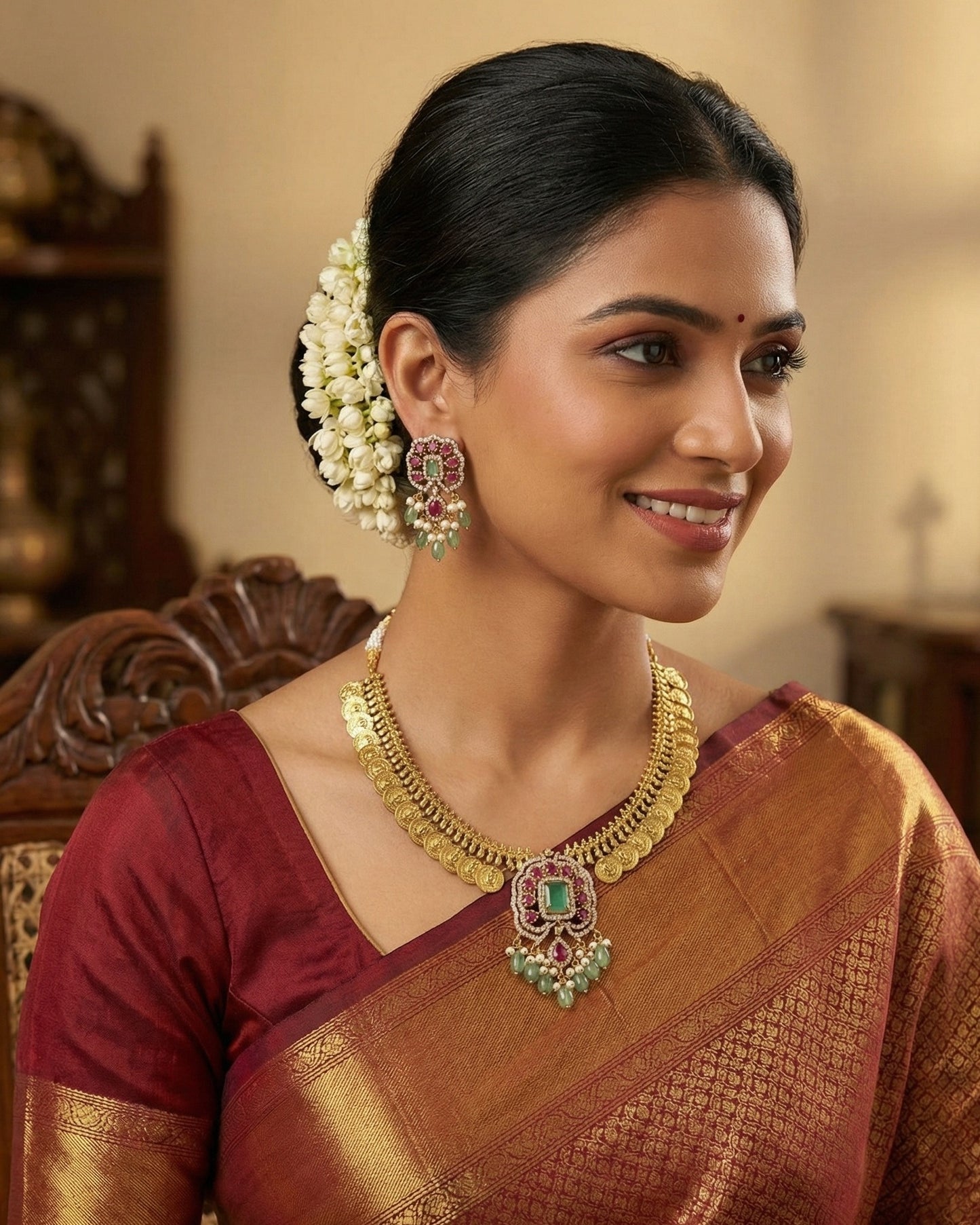 Gold Plated Coin (Kasu) Necklace Set with Mint Green & Ruby AD Stones | Traditional Temple Jewellery