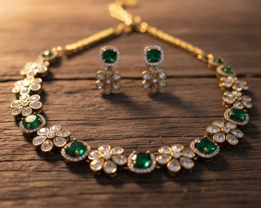 Elegant Emerald Green & Polki Floral Necklace Set with Matching Earrings