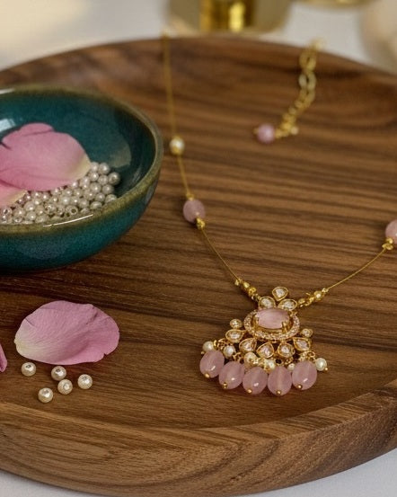 Blush Pink Oval Statement Floating Necklace – Invisible Gold Wire Choker with Pearl & Rose Bead Fringe