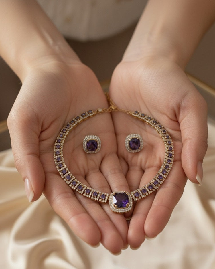 Elite Gold-Plated Cushion-Cut Sapphire royal purple Statement Choker & Earring Set