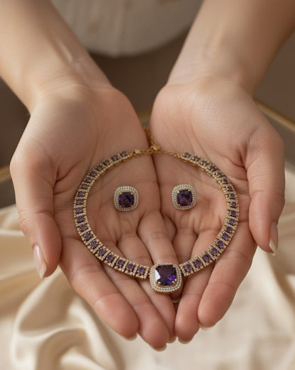 Elite Gold-Plated Cushion-Cut Sapphire royal purple Statement Choker & Earring Set