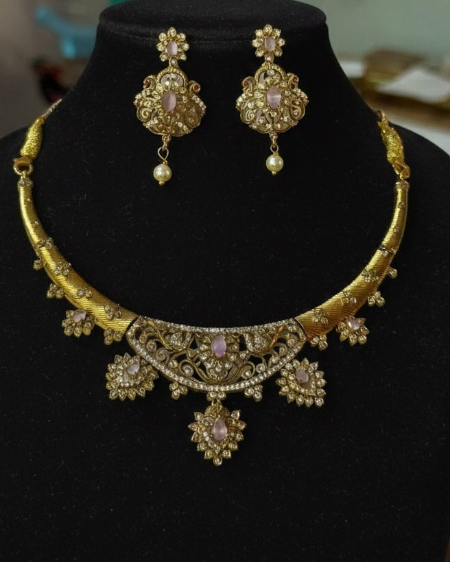 Gold-Plated Antique Filigree Choker Set with Rose Pink Stones & Crystal Accents