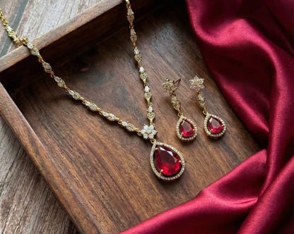Gold-Plated Minimalist V-Necklace Set with Ruby Red Teardrop Pendant
