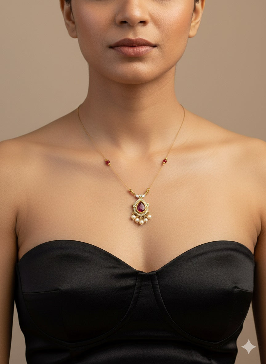 Elegant Ruby Pear Pendant Necklace on Dainty Gold Chain with Pearl Accents