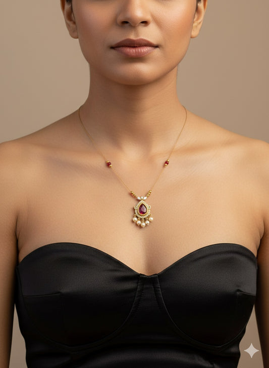 Elegant Ruby Pear Pendant Necklace on Dainty Gold Chain with Pearl Accents