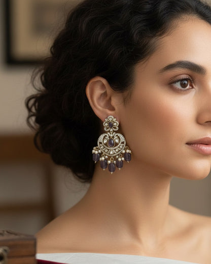 Victorian Lavender Purple Chandbali Earrings with Polki & Pearl Drops
