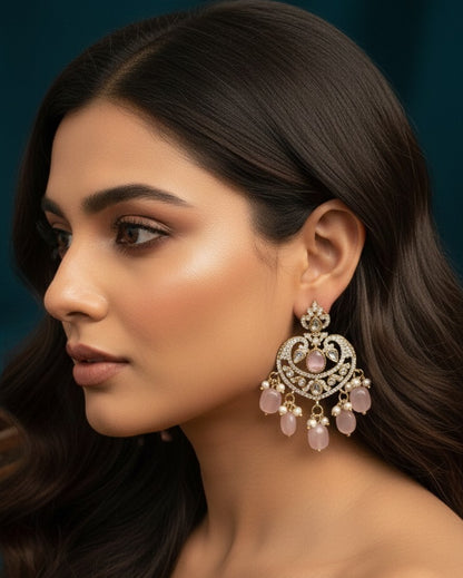 Victorian Rose Pink Chandbali Earrings with Antique Stone Work