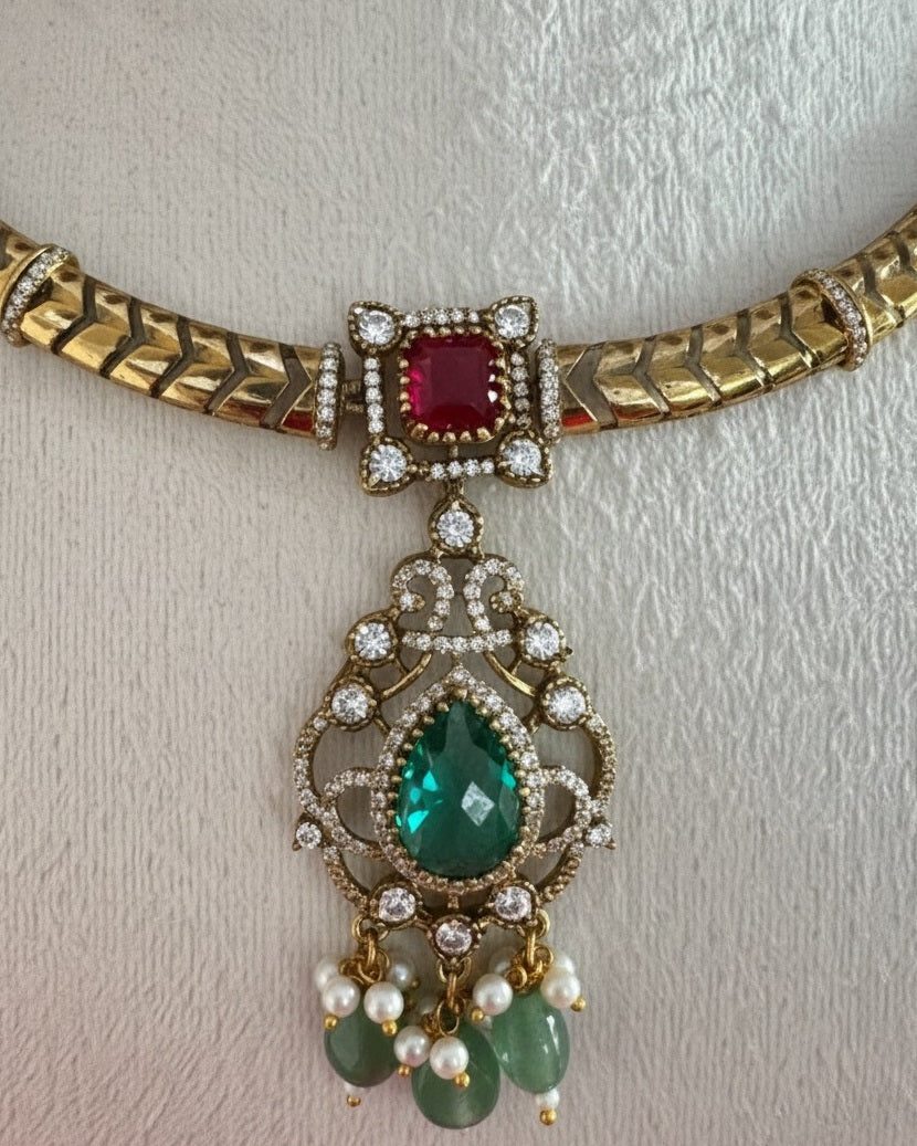 Royal Gold-Plated Statement Choker Set with Ruby Red Accents & Emerald Green Drops