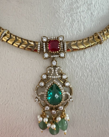 Royal Gold-Plated Statement Choker Set with Ruby Red Accents & Emerald Green Drops