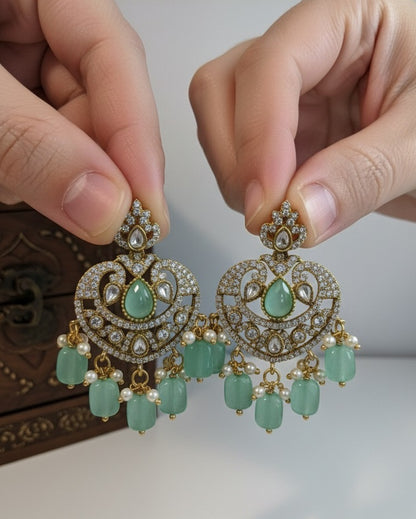 Victorian Mint Green Chandbali Earrings with Polki & Pearl Drops