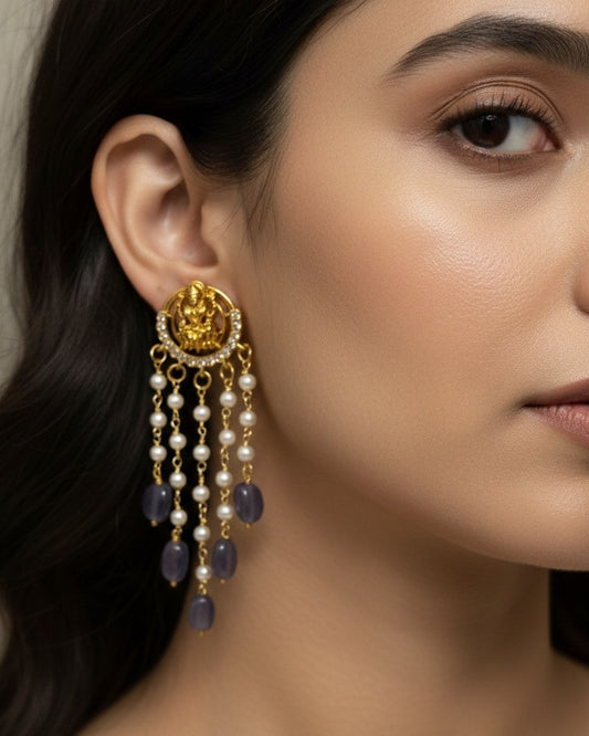 Gold-Plated Temple Jewelry Jhumka Earrings with Pearl Strands and Amethyst Beads