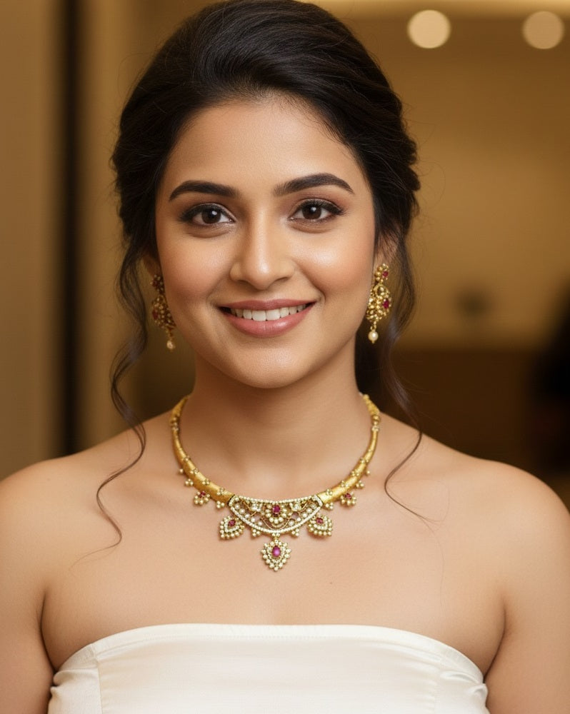 Gold-Plated Antique Filigree Choker Set with Ruby Pink Stones & Crystal Accents