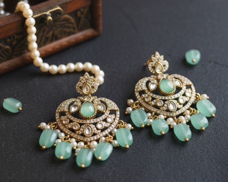 Victorian Mint Green Chandbali Earrings with Polki & Pearl Drops