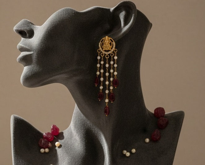 Gold-Plated Lakshmi Temple Drop Earrings with Tiered Pearls and Beads
